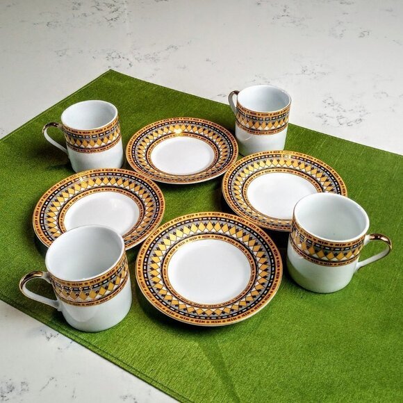 Art Deco 8-Pc Gold Grey Demitasse Cup & Saucer Set - Picture 3 of 11